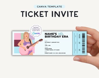 Editable Birthday Ticket Invitation | T Swift Eras Birthday Party | Canva Template | Birthday Invite | Size: 8.5x2.8" | JRP001b