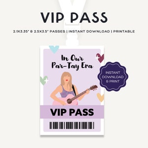 Pase VIP imprimible / Pase de fiesta de cumpleaños T Swift Eras / Cordón VIP Eras Tour / Tamaños: 2.1x2.35", 2.5x3.5" en A4 y carta de EE. UU. / JRP001a