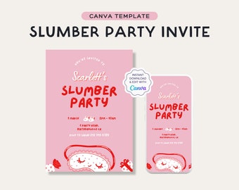 Editable Slumber Party Invitation Set | Sleepover Party Invite | Pajama Party | Canva Template | Birthday Invite | Size: 5x7" | JRP002