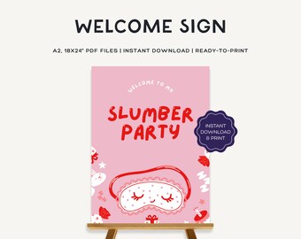 Printable Slumber Party Welcome Sign | Sleepover Party Poster | Pyjama Party Printables | Pink Red | Sizes: 18x24", A3 | JRP002