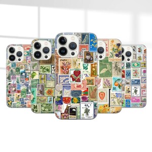 May include: A set of five phone cases featuring a collage of vintage postage stamps with colourful flowers, fruits, animals, and text. The cases are white with a clear back and a colourful design.