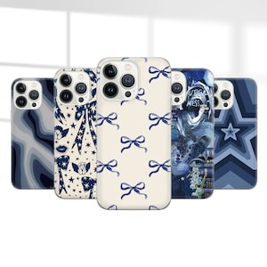 May include: Five different phone cases with blue and white designs. The cases feature a variety of patterns, including stars, swirls, and abstract designs.