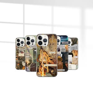 Puede incluir: Una colección de fundas para teléfonos con varios diseños artísticos. Las fundas presentan ilustraciones, texto y una estética de collage. La paleta de colores incluye verdes, marrones y beige, con texto que dice "FIREHEART" y "WILDFIRE".