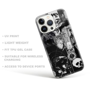 Puede incluir: Una funda transparente para tel&eacute;fono con un dise&ntilde;o de collage en blanco y negro. El dise&ntilde;o presenta una calavera, un reloj, un coraz&oacute;n y otras formas abstractas. La funda es compatible con la carga inal&aacute;mbrica.