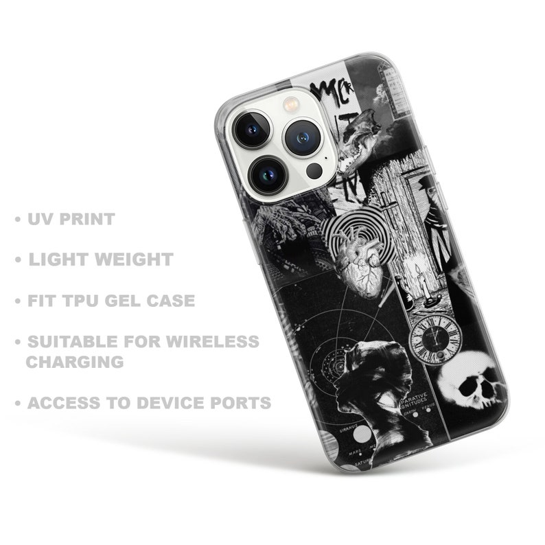 Puede incluir: Una funda transparente para tel&eacute;fono con un dise&ntilde;o de collage en blanco y negro. El dise&ntilde;o presenta una calavera, un reloj, un coraz&oacute;n y otras formas abstractas. La funda es compatible con la carga inal&aacute;mbrica.