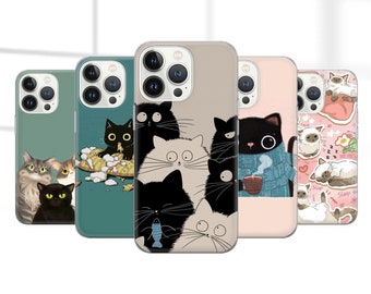 おもしろ猫のスマホケース - iPhone 17 Pro Max、16e、15、14、12、Samsung S25 Ultra、S24 FE、A56、Pixel 10 XL、9a、8用、美的猫アートミーム
