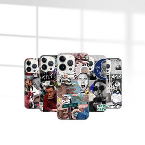 Könnte beinhalten: Fünf Handyhüllen mit einem Collage-Design mit Bildern von Mac Miller. Die Hüllen zeigen verschiedene Fotos, Texte und Grafiken in einer Mischung aus Farben, darunter Rot, Weiß und Blau.