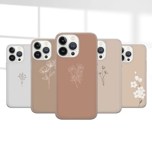 Custodia per telefono beige minimalista con fiori per iPhone 16 Pro Max, 15 Plus, 14, 13, 12, 11, XS e Samsung S24, S23, A55, A54, Pixel 9 Pro, 8