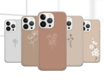 Minimalistiskt beige telefonskal med blommor till iPhone 17 Pro Max, 16e, 15, 14, 12 och Samsung S25 Ultra, S24 FE, A56, Pixel 10 XL, 9a, 8