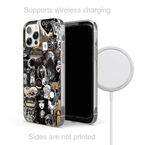 Puede incluir: Una funda transparente para tel&eacute;fono con un dise&ntilde;o de collage en blanco y negro que presenta una calavera, una telara&ntilde;a y el texto "Enter if you dare". La funda es compatible con la carga inal&aacute;mbrica.
