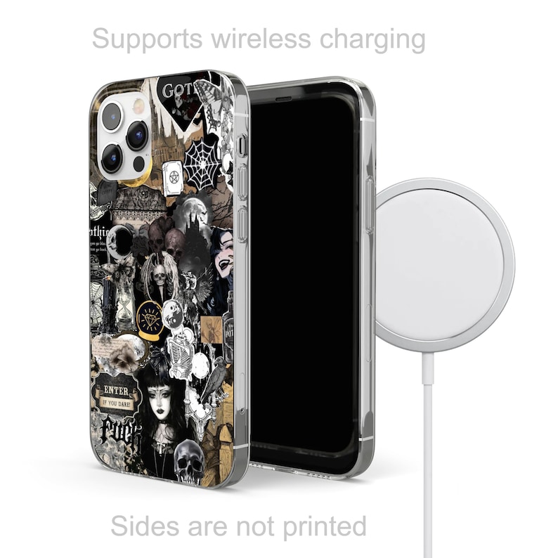 Puede incluir: Una funda transparente para tel&eacute;fono con un dise&ntilde;o de collage en blanco y negro que presenta una calavera, una telara&ntilde;a y el texto "Enter if you dare". La funda es compatible con la carga inal&aacute;mbrica.
