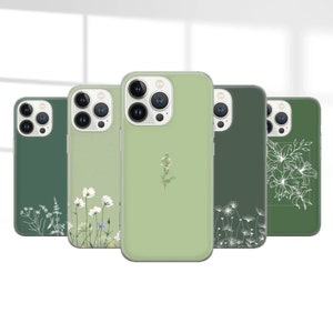 Custodia per telefono minimalista verde con estetica floreale, semplice cover per iPhone 16, 15, 14, 13, 12, Samsung S24, S23FE, S22, A15, A54, A25, A14, Pixel 9