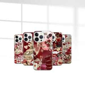 Może przedstawiać: Kolekcja pięciu etui na telefon z różnymi czerwonymi wzorami. Etui mają wzory, w tym serca, nuty, tekst i elementy kwiatowe. Etui są przeznaczone do nowoczesnego smartfona.