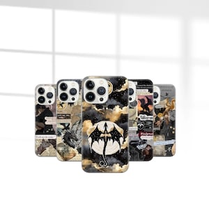 Op de afbeelding: Een verzameling telefoonhoesjes met fantasiethema's. De hoesjes hebben draken, wolken en tekstelementen. Het kleurenpalet omvat zwart, wit en goud. De hoesjes zijn ontworpen voor een smartphone.