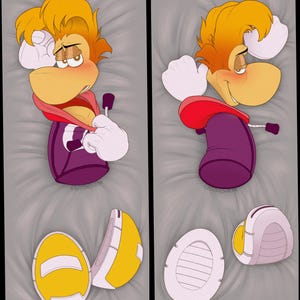 May include: Two images of a cartoon character with yellow hair, a large nose, and white gloves. The character is wearing a purple outfit with a red hood. The image also shows two pairs of yellow and white shoes.