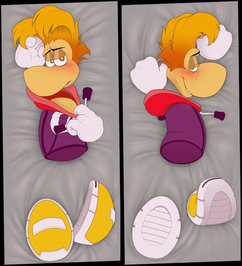 May include: Two images of a cartoon character with yellow hair, a large nose, and white gloves. The character is wearing a purple outfit with a red hood. The image also shows two pairs of yellow and white shoes.