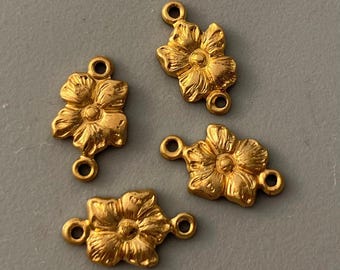 4 Flower Connectors Findings - Tiny - Heavy Brass - Die Struck