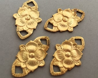 4 Brass Floral Pendant Connectors Art Deco Die Struck