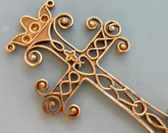 Medieval Byzantine Brass Cross and Crown Pendant Filigree 58mm