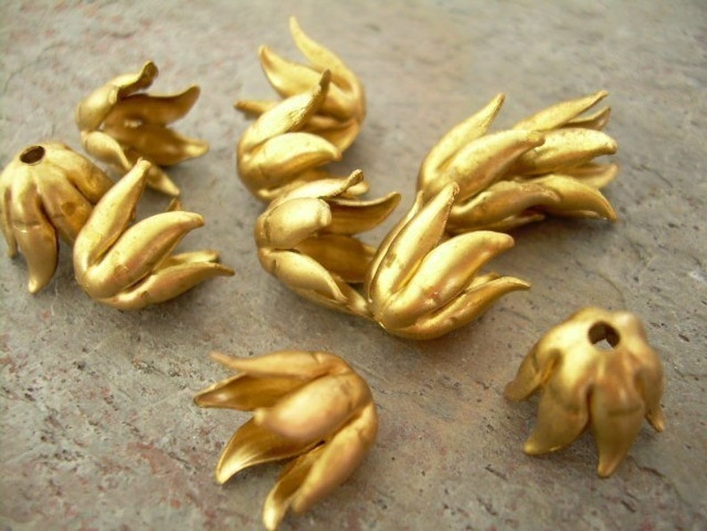 12 Bead Caps Raw Brass Floral Tulip Unusual image 3