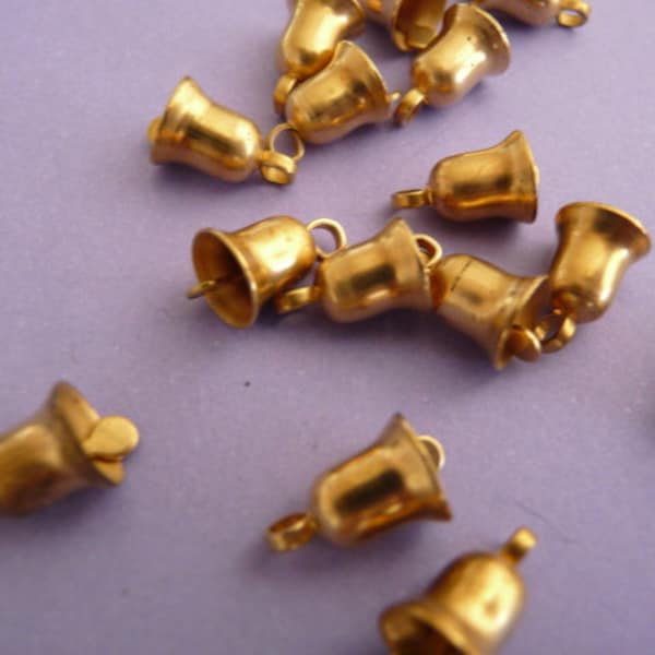 12 Small Brass Bells - Vintage Mechanical Charms - Raw Brass