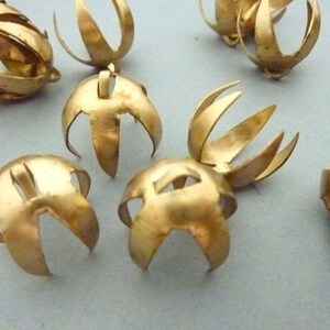 以下が含まれることがあります： 金色の金属製の装飾的な花びらのキャップが10個あります。キャップは丸く、繊細で透かし彫りのデザインになっています。