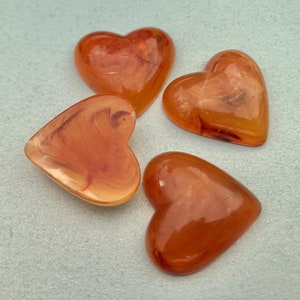 4 Lucite Amber Butterscotch Tortoiseshell Heart Cabochons - Vintage