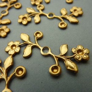 12 Brass Floral Leaf Branch Rivet Findings with Rhinestone Settings