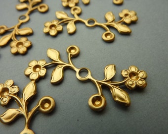 12 Brass Floral Leaf Branch Rivet Findings with Rhinestone Settings