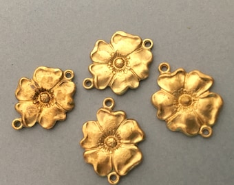 2 Flower Connectors Findings - Medium - Heavy Brass - Die Struck