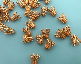 12 Brass Bead Caps - Tall Filigree Cone - Patina Copper