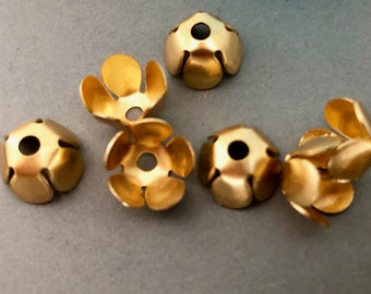 6 Flower Bead Caps - Raw Brass Tulip - Detailed