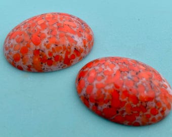 2 Coral Speckled Vintage Glass Oval Cabochons - 25 x 18 mm