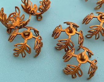 12 Brass End Caps - Filigree Leaves -  Vintage Patina Dark Copper