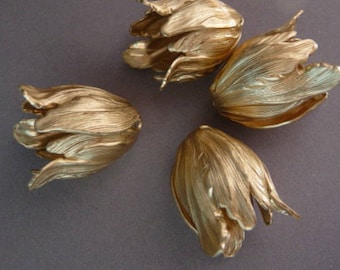 10 Flower Bead Caps - Raw Brass Tulip - Detailed LARGE