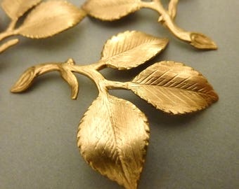 2 Brass Rose Three Leaf Branch Findings