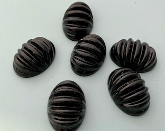 6 Vintage Lucite Oval Cabochons - Black with Ridges -  25 x 18 mm