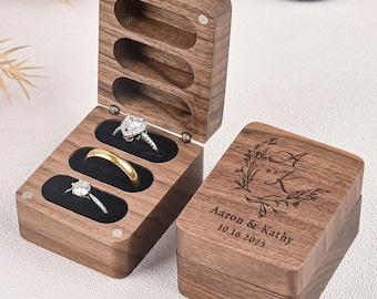 Personalized Walnut Wood Ring Box: Engraved Triple Slot Wedding Ceremony