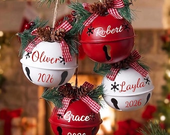 Personalized Jingle Bell Ornament, Pinecone Bow, 2026 Holiday Keepsake