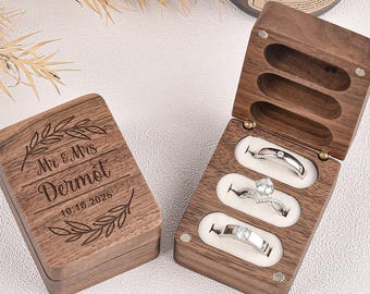 Personalized Wooden Ring Box: Engraved Triple Ring Holder