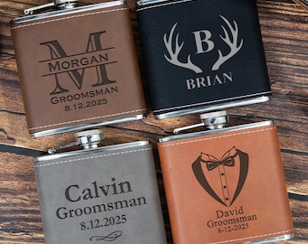 Engraved Leather Flask for Men:  Stainless Steel Personalized Hip Flask, Groomsmen Proposal Gift