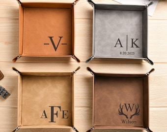 Initial Engraved Leather Valet Tray, Personalized Catchall Gift for Men