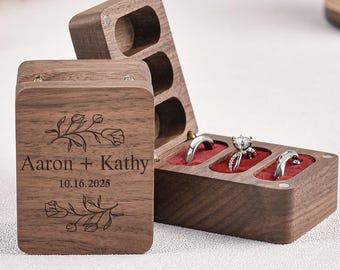 Personalized Walnut Triple Ring Box, Wedding Engagement Gift