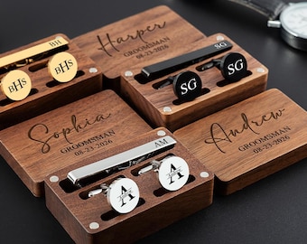 Personalized Groomsmen Cufflinks and Tie Clip Set, Engraved Wedding Gifts