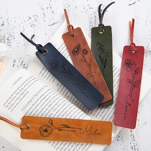 Marque-page en cuir personnalisé : nom gravé, fleur de naissance, cadeau de lecture