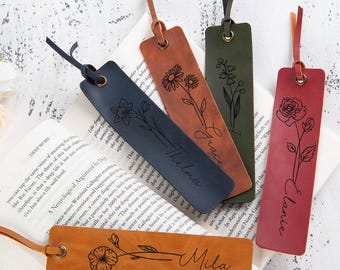 Marque-page en cuir personnalisé : nom gravé, fleur de naissance, cadeau de lecture