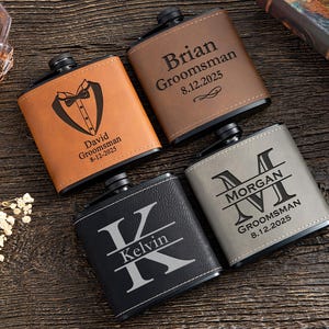 Personalized Leather Flask, Engraved Groomsman Gift, Stainless Steel 6 OZ (Customizable)