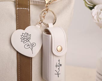 Personalized Lipstick Holder Keychain with Mirror, Bridesmaid Gift, PU Leather Chapstick Case
