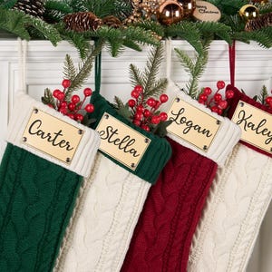 Personalized Knit Christmas Stocking: Custom Engraved Leather Name Patch, Family Holiday Decor