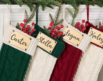 Personalized Knit Christmas Stocking: Custom Engraved Leather Name Patch, Family Holiday Decor